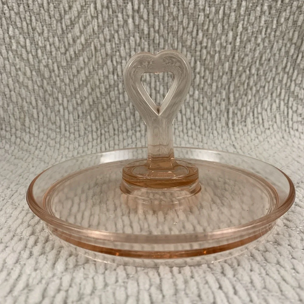 Pink‎ Depression Glass Heart Shaped Handle Candy Nut Tray Dish Trinket Jewelry